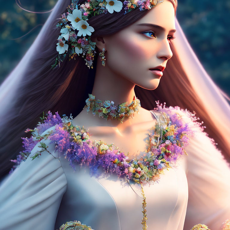 Digital illustration of woman with floral crown and attire against soft natural backdrop