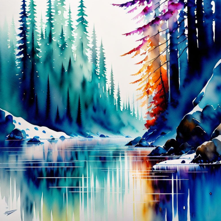 Serene forest watercolor with river reflections and vivid colors