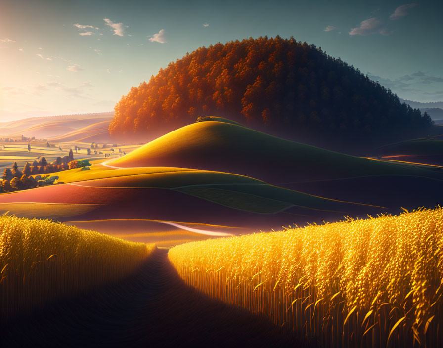 Scenic sunset with golden wheat fields and tree-covered hill