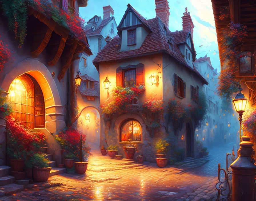 Charming cobblestone street with old houses and flowers at twilight
