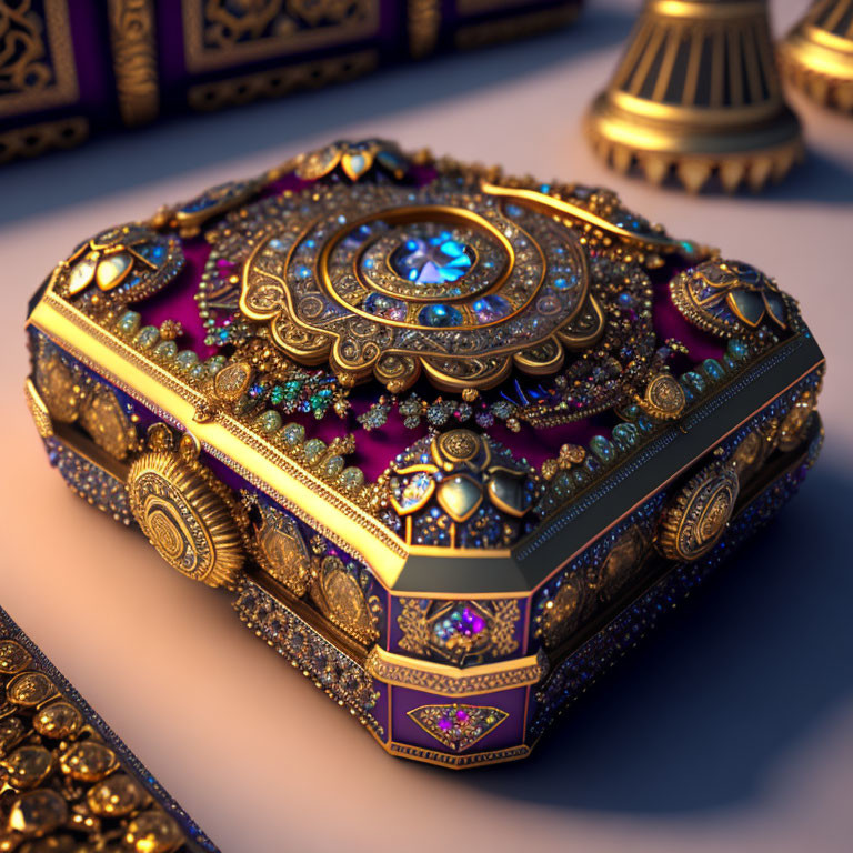 Luxurious ornate box with golden designs and colorful gems.