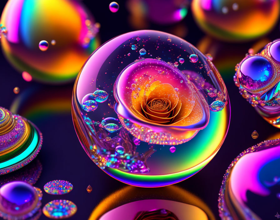 Colorful digital artwork showcasing glossy spheres and a central orb with a spiral rose structure.
