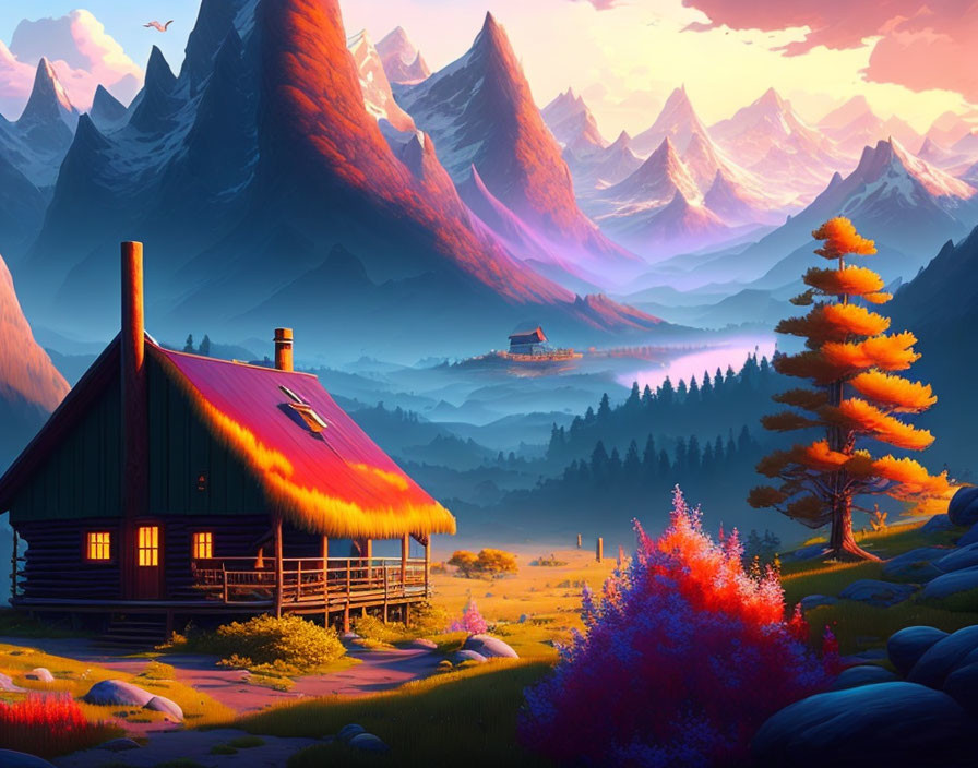 Autumnal mountain cabin digital painting with serene landscape