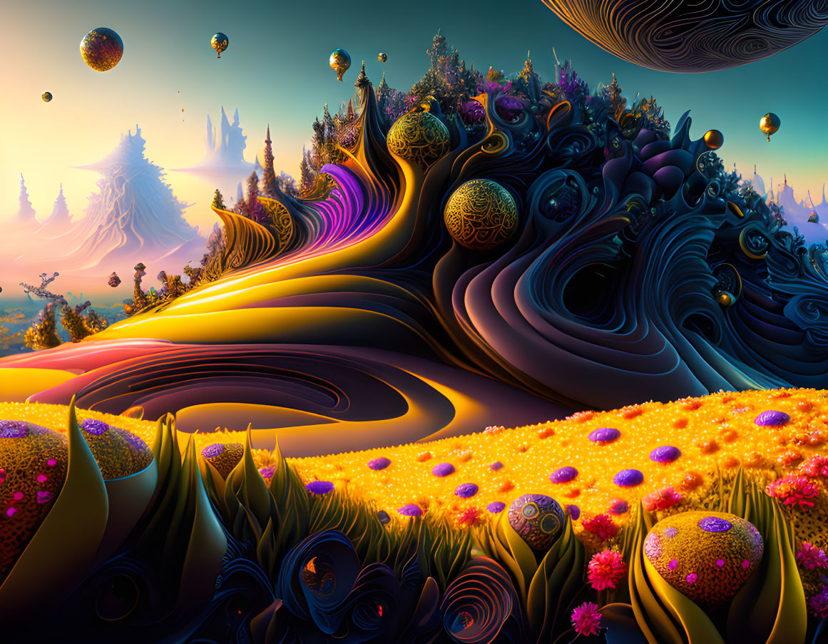 Surreal landscape with wave-like hills, floating islands, and colorful flora