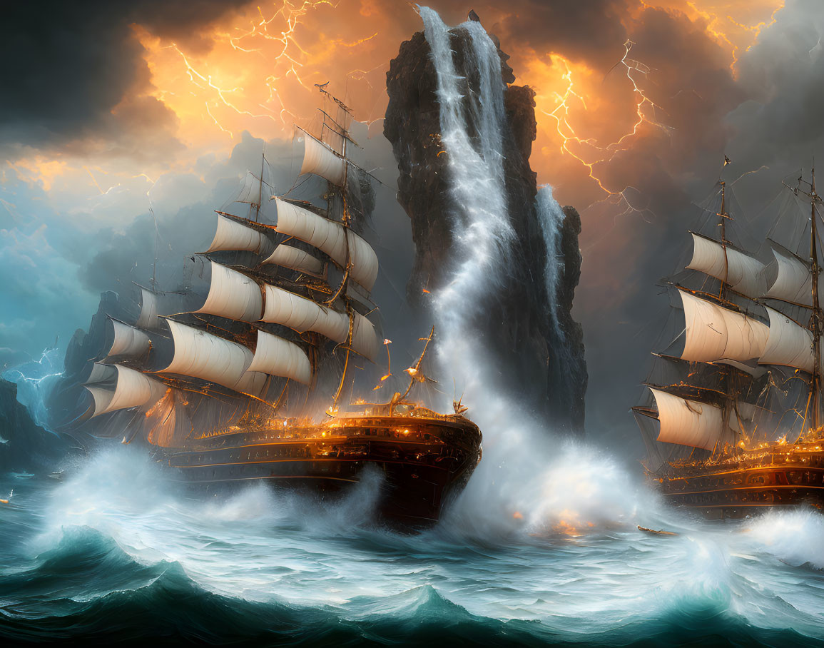 Tall ships navigating stormy seas near towering rock