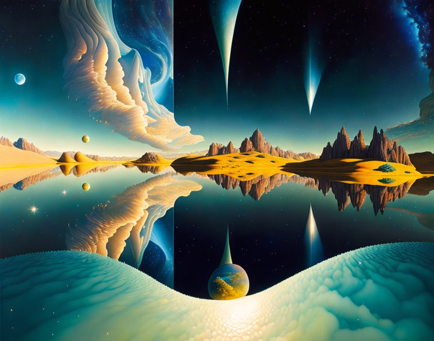 Surreal landscape with mountains, reflective water, and celestial bodies