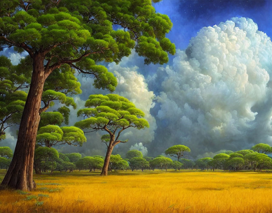 Vibrant landscape painting of grassy plain with green trees under dramatic sky