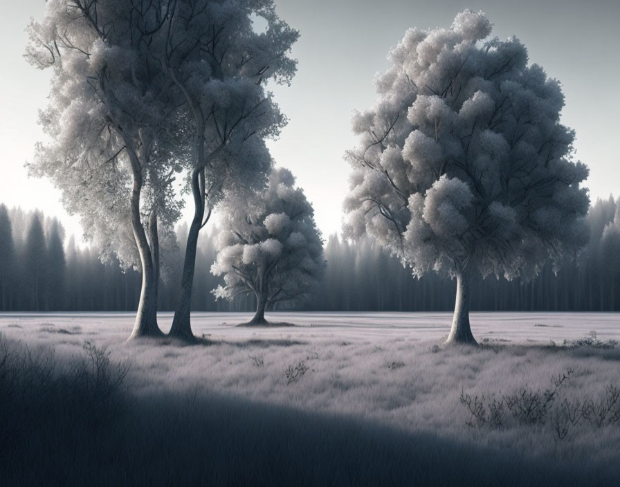 Frost-covered trees in misty meadow under soft light