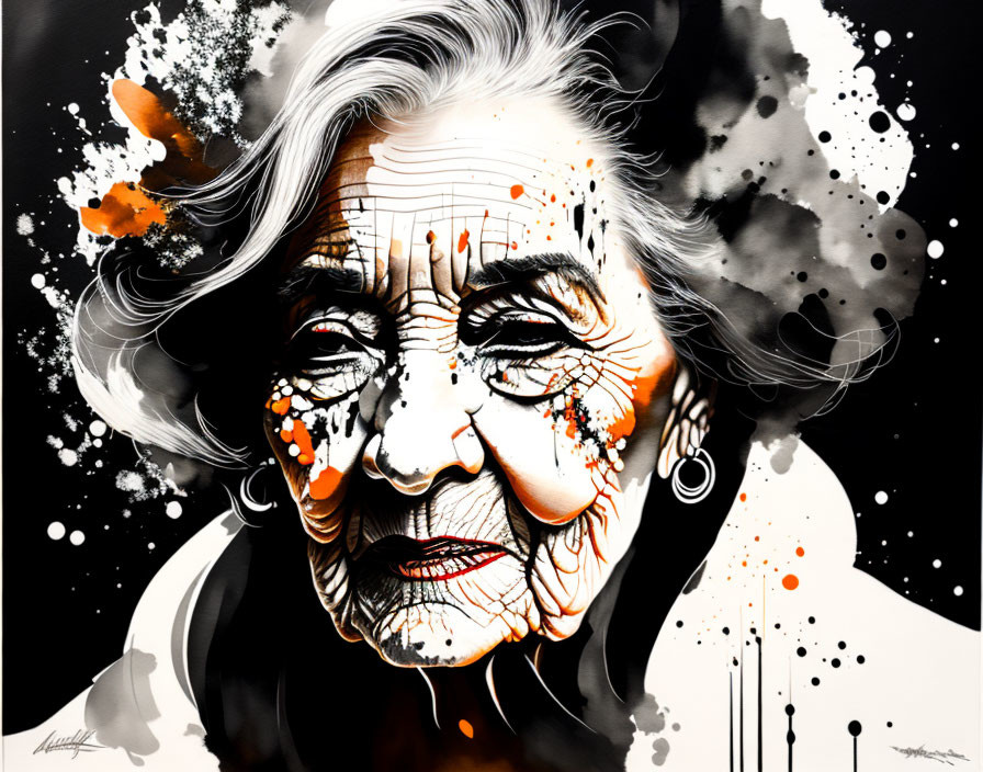 Vibrant black and white painting of elderly woman with orange splashes