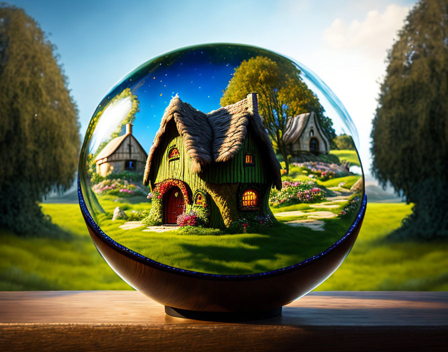 Crystal ball with magical night sky, cottage, greenery, and flowers on wooden surface