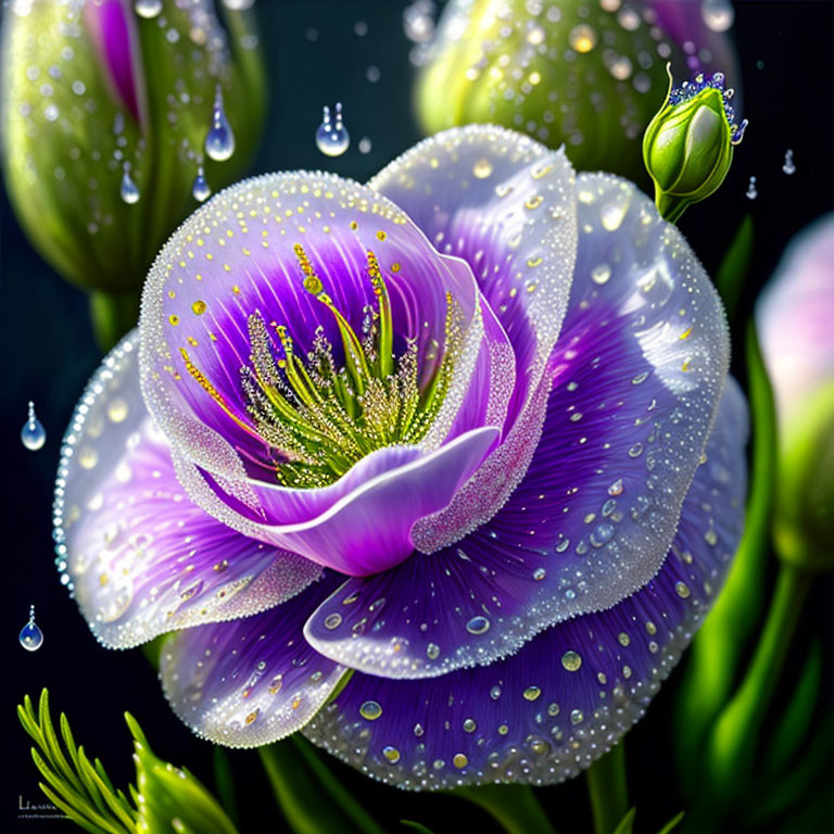 Vibrant purple flower with water droplets on dark background