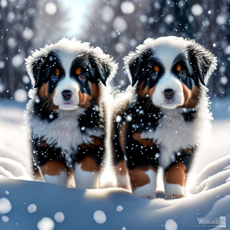 Fluffy Bernese Mountain Dog Puppies in Snowfall