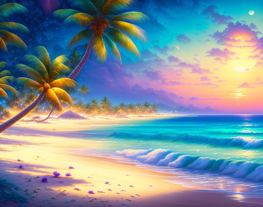 Colorful Sunset Beach Scene with Palm Trees, Ocean Waves, and Starry Sky