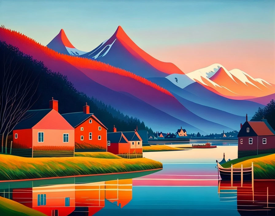 Scenic painting of calm river, red-roofed houses, fishing person, snow-capped mountains
