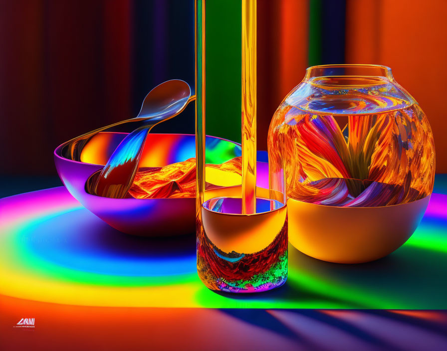 Colorful Spectrum Background with Reflective Glassware and Spoon Reflections