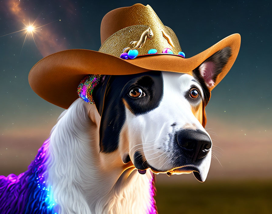 Digitally altered image: Dog with human-like eyes in sparkly outfit and cowboy hat under starry