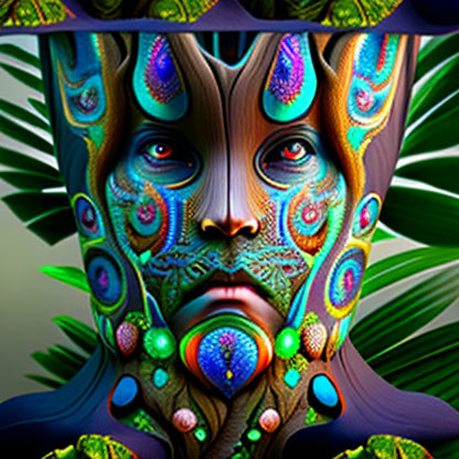 Colorful Digital Portrait with Peacock Feather Patterns on Human Face