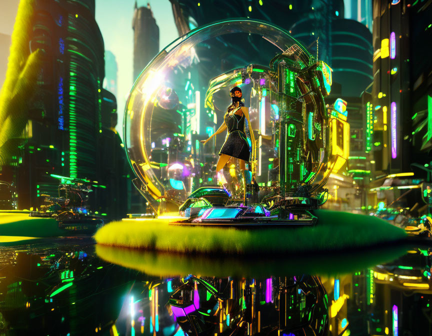 Futuristic glass pod in neon-lit sci-fi cityscape