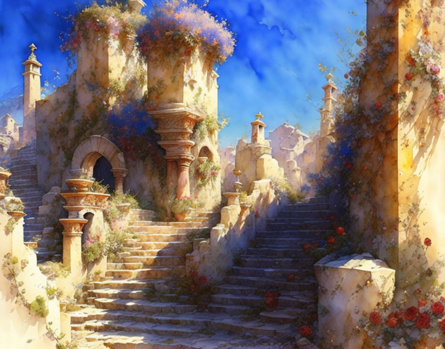 Sunlit stone stairway with blooming flowers in an old town.