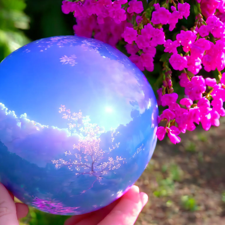 Reflective blue sphere captures tree, sun, pink flowers, and green foliage