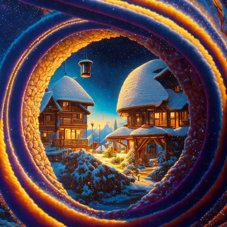 Snow-covered cottages and lantern in circular winter frame.