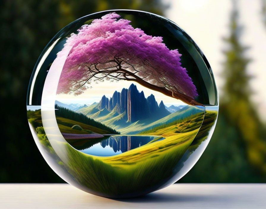 Glass sphere with pink tree, green hills, water, mountains, and forest landscape.