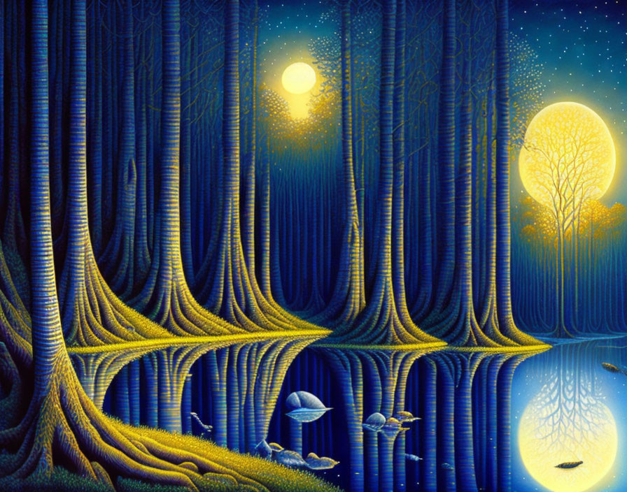Luminous moonlit forest with glowing trees and mushrooms
