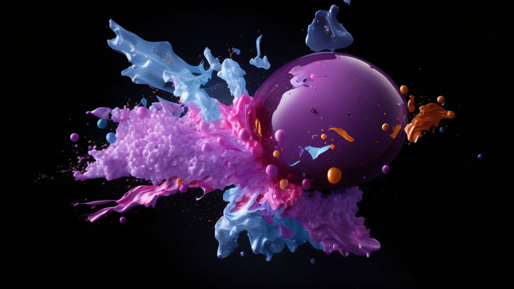 Colorful liquid splashes swirling around central sphere on black background