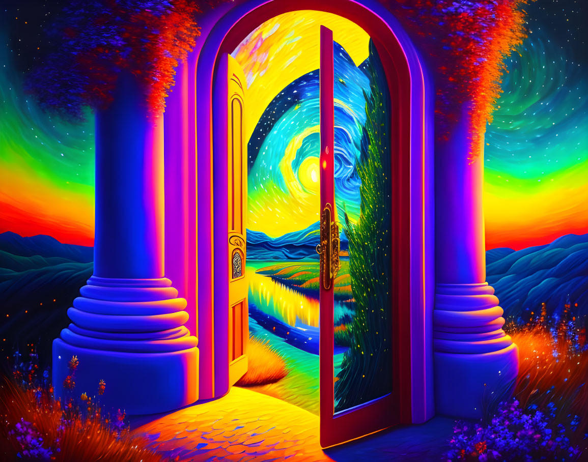 Colorful surreal illustration: Open doorway to starry night sky over rolling hills