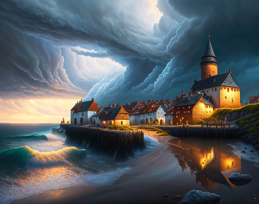 Medieval tower and houses under stormy sky by the coast