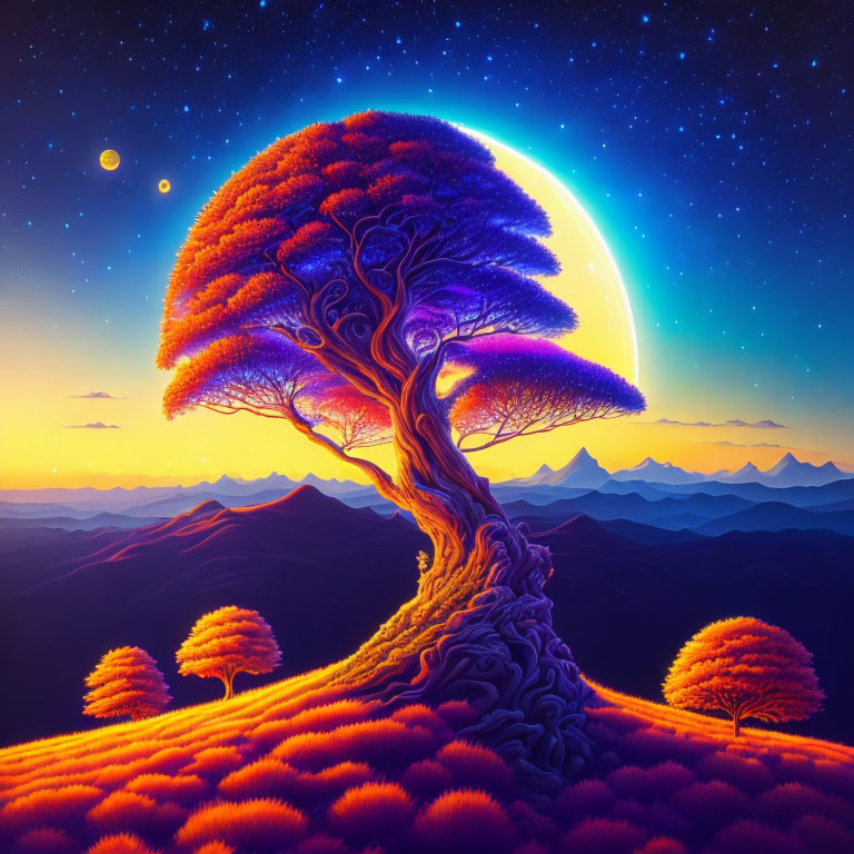 Surreal landscape with glowing tree on hill at twilight