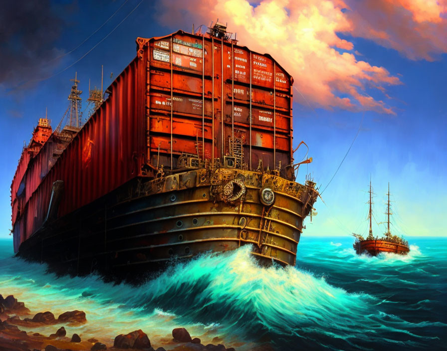 Red-and-black cargo ship on turbulent waves with sailing ship in dramatic sky
