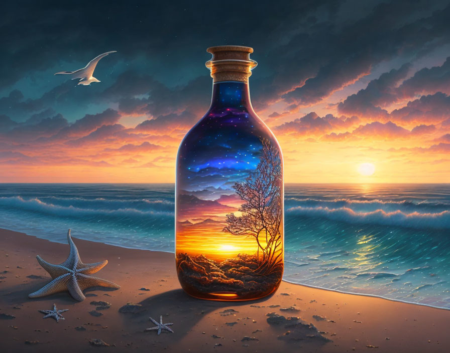 Fantastical sunset scene in a bottle on beach with starry night sky, starfish, and