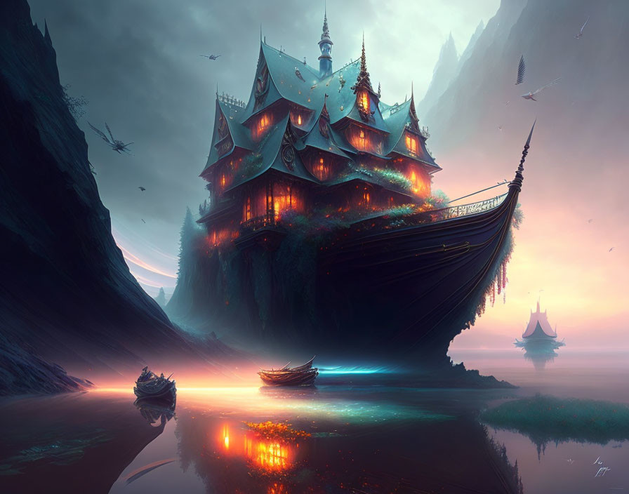 Mystical ship-like building on shore with glowing windows and boats under dramatic sky.