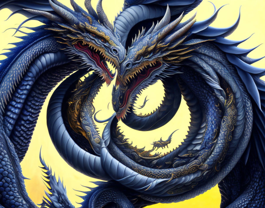 Detailed Blue Dragon Artwork with Gold Accents and Red Eyes on Yellow Background