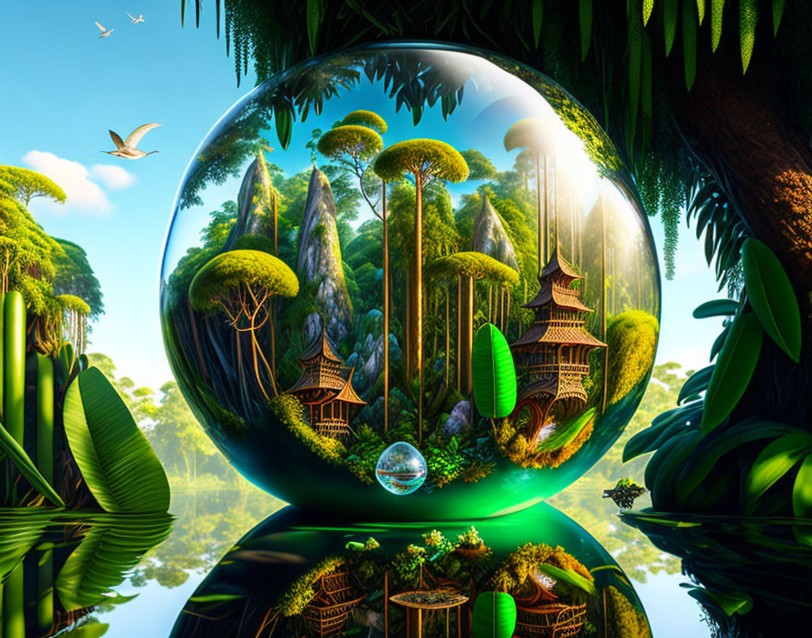 Fantastical landscape with towering trees and pagodas in transparent bubble