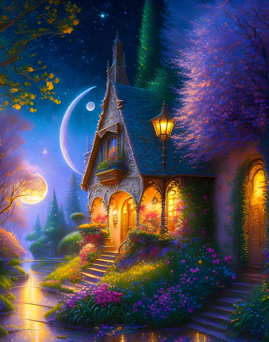 Enchanting fairytale cottage night scene with glowing lanterns, lush flowers, starry sky