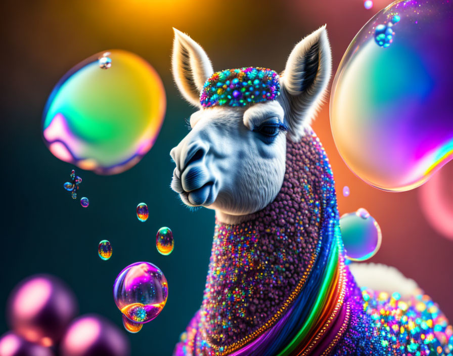 Colorful stylized llama with vibrant beads and iridescent bubbles on gradient background