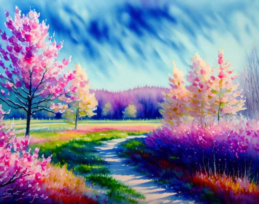 Colorful Watercolor Landscape with Blossoming Trees and Wildflowers