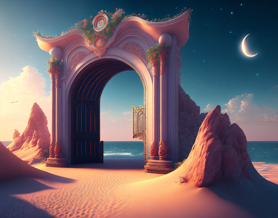 Ornate archway on sandy beach at sunset with crescent moon and gentle waves