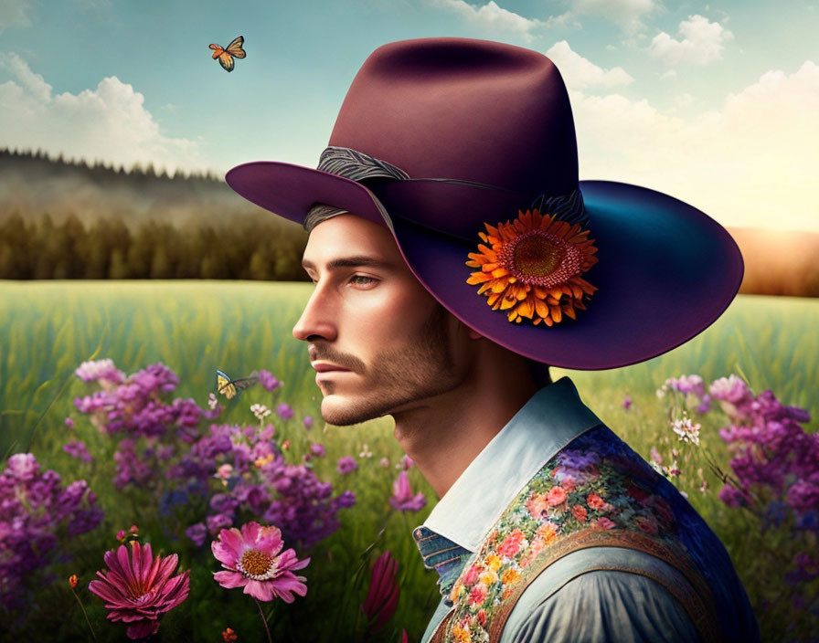 Man in floral shirt and large purple hat in flower field with butterfly.