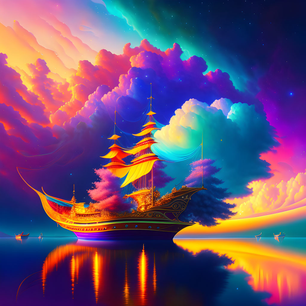 Colorful tall ship sailing on calm sea under multicolored sky