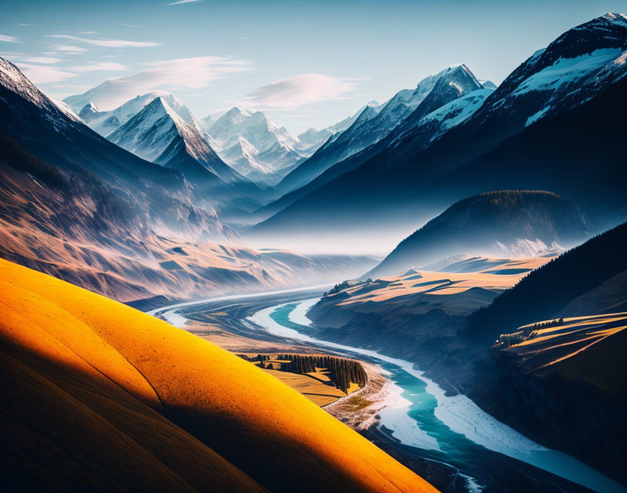Scenic view of rolling hills, river, and snow-capped mountains in golden sunlight