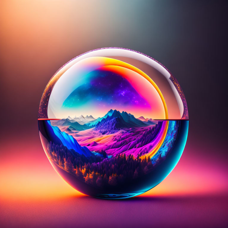 Colorful spherical artwork featuring mountain landscape and cosmic backdrop in crystal ball
