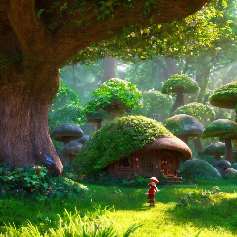 Enchanting forest scene with mushroom house and figure in red cloak