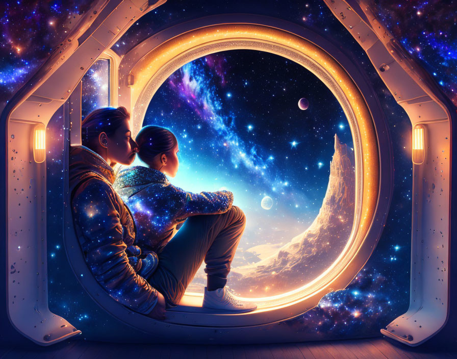 Two people observing cosmic scene from spaceship.
