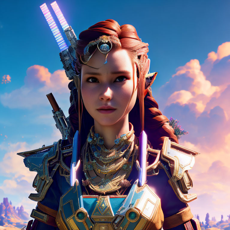 Female warrior with futuristic armor and glowing blue energy weapons under vibrant sky