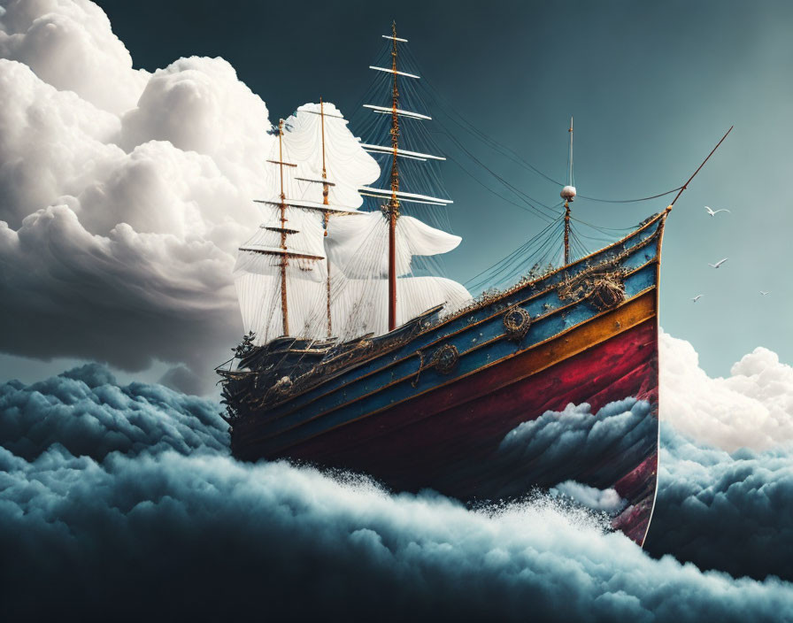 Majestic sailing ship on fluffy clouds under dramatic sky