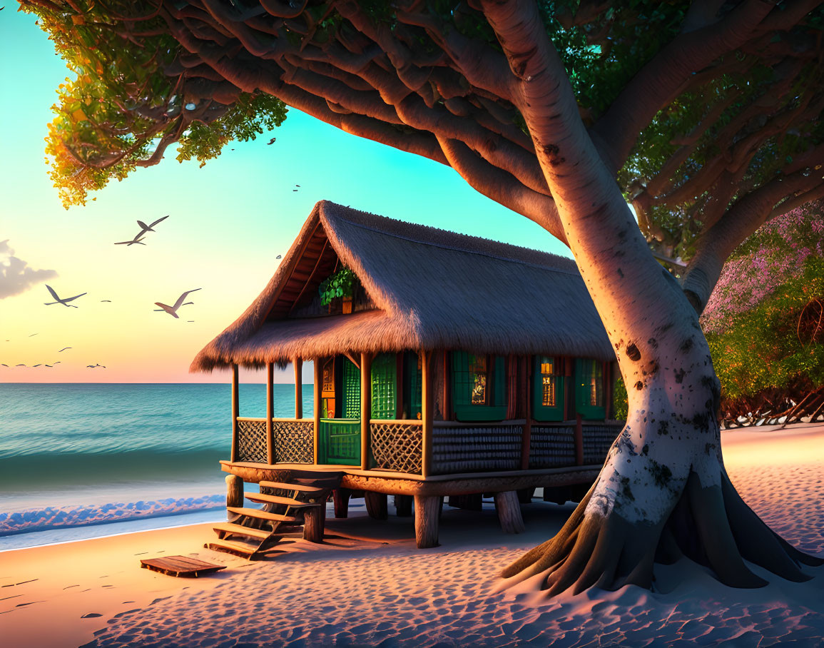 Tropical beach bungalow on stilts at sunset with thatched roof surrounded by lush trees