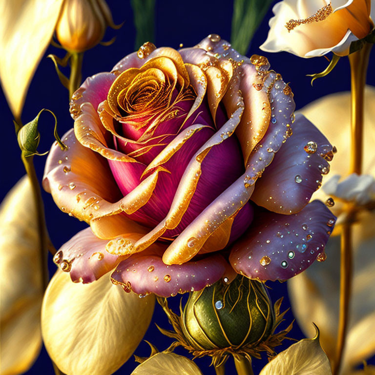 Colorful Rose with Water Droplets on Gold Leaves and Blue Background